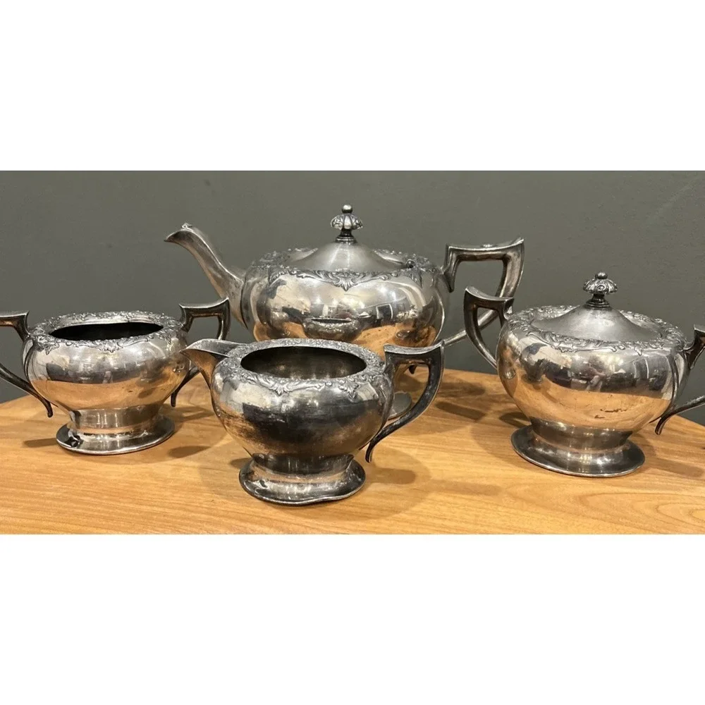 Vintage Forbes Silver Co 244 Tea Set 4 Piece Teapot, Sugar Bowls, Creamer